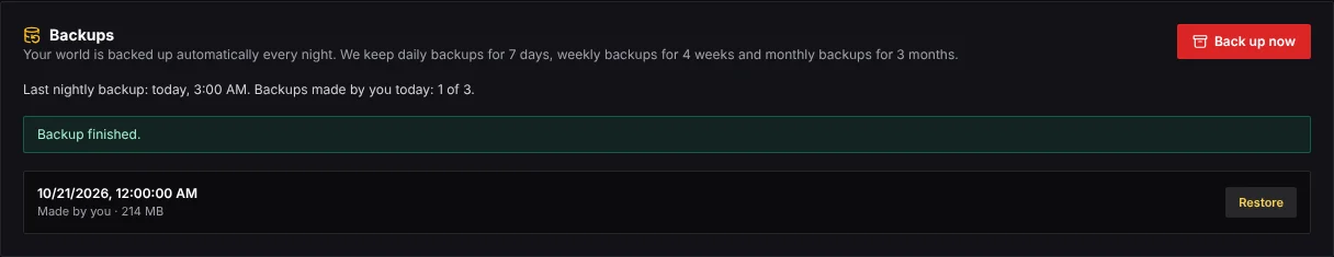Atlas backups list with a Restore button