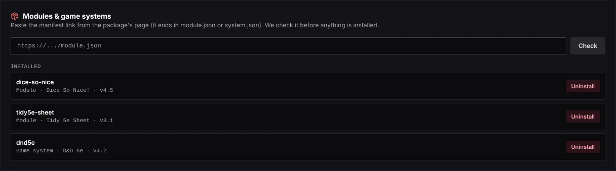 Atlas module installer with installed modules and Uninstall buttons