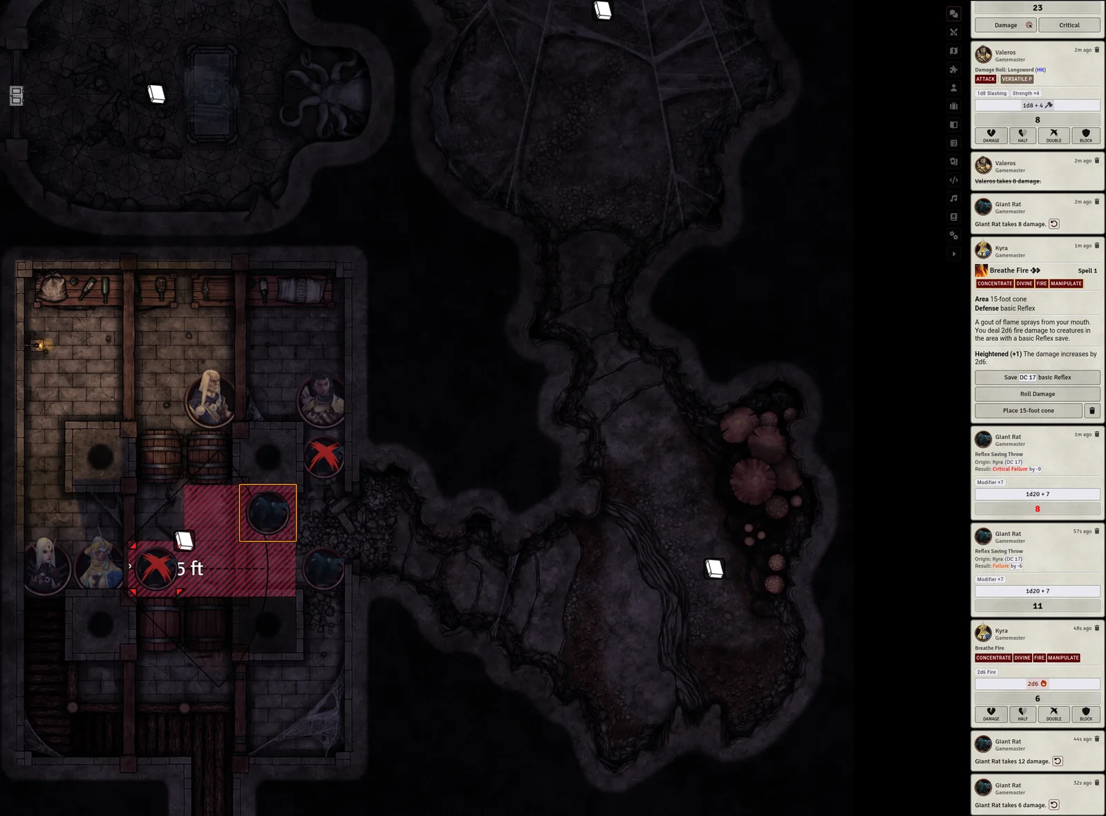 A Foundry VTT game in progress: a battlemap with player tokens, a fire spell template and the chat log on the right